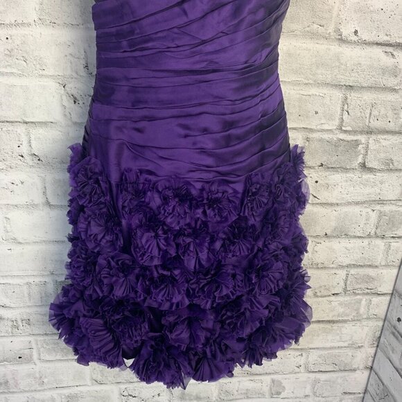 Theia One Shoulder Purple 100% Silk Ruched Rosette 3D Appliqué Cocktail Dress - Picture 3 of 16